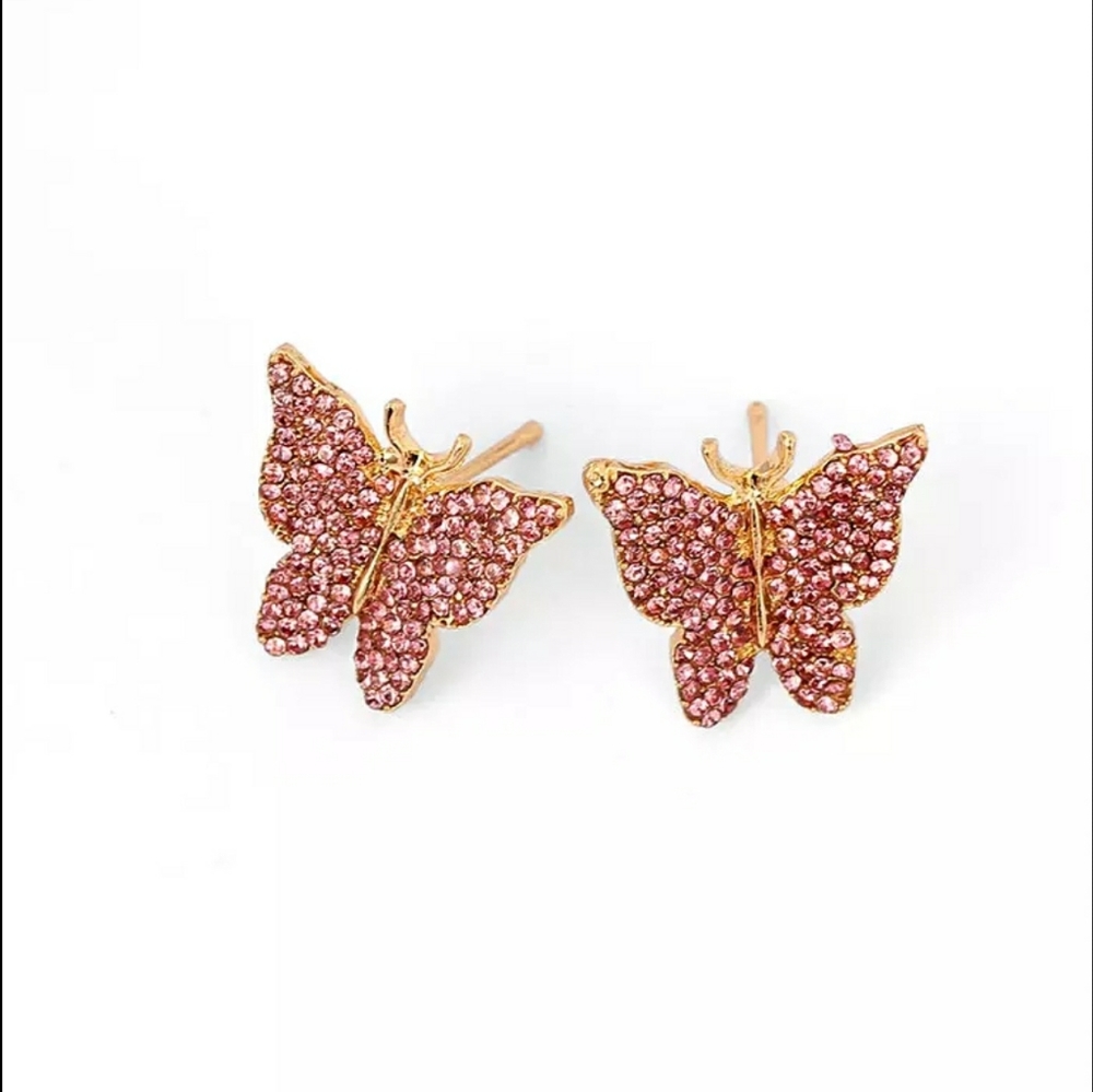 Pink Rhinestone Butterfly Pendant Stud Earrings
